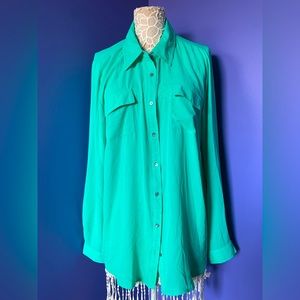 EUC Forever 21 Aqua Blue Button Up Collared Shirt Blouse Sheer Size 2X